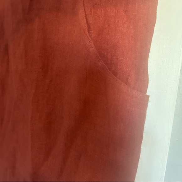 Lina Tomei Linen Pull Over Dress Beaded Neck Rusty Orange Brown Pockets Italy XL - Picture 6 of 7